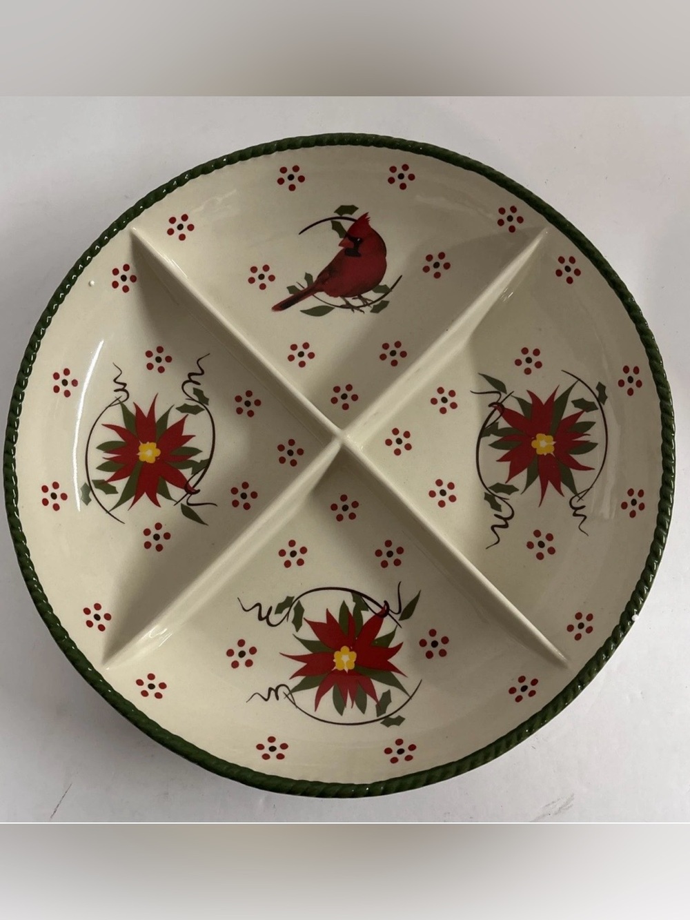 Temp-Tations Red Cardinal & Poinsettia Divided Ceramic Serving Platter NIB